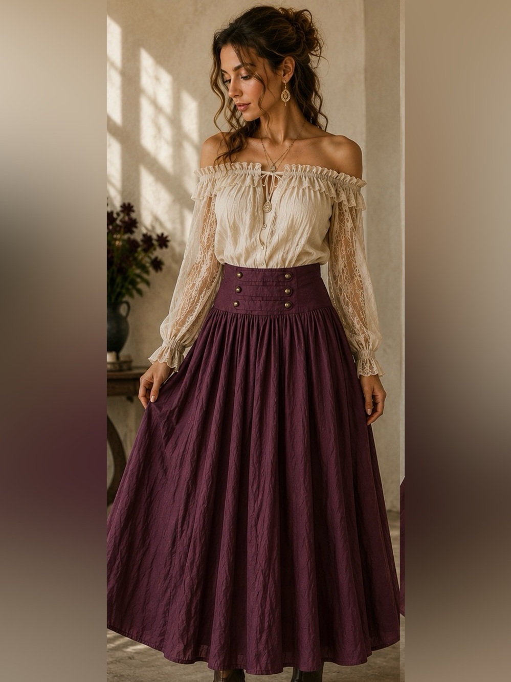 Burgundy Maxi Skirt High Waist Brass Button Cottagecore Renaissance Full Sweep